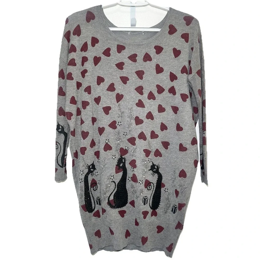 Whimsical Cat Sweater Red Hearts Tunic Gray Cozy Knit Small Rayon Stretch